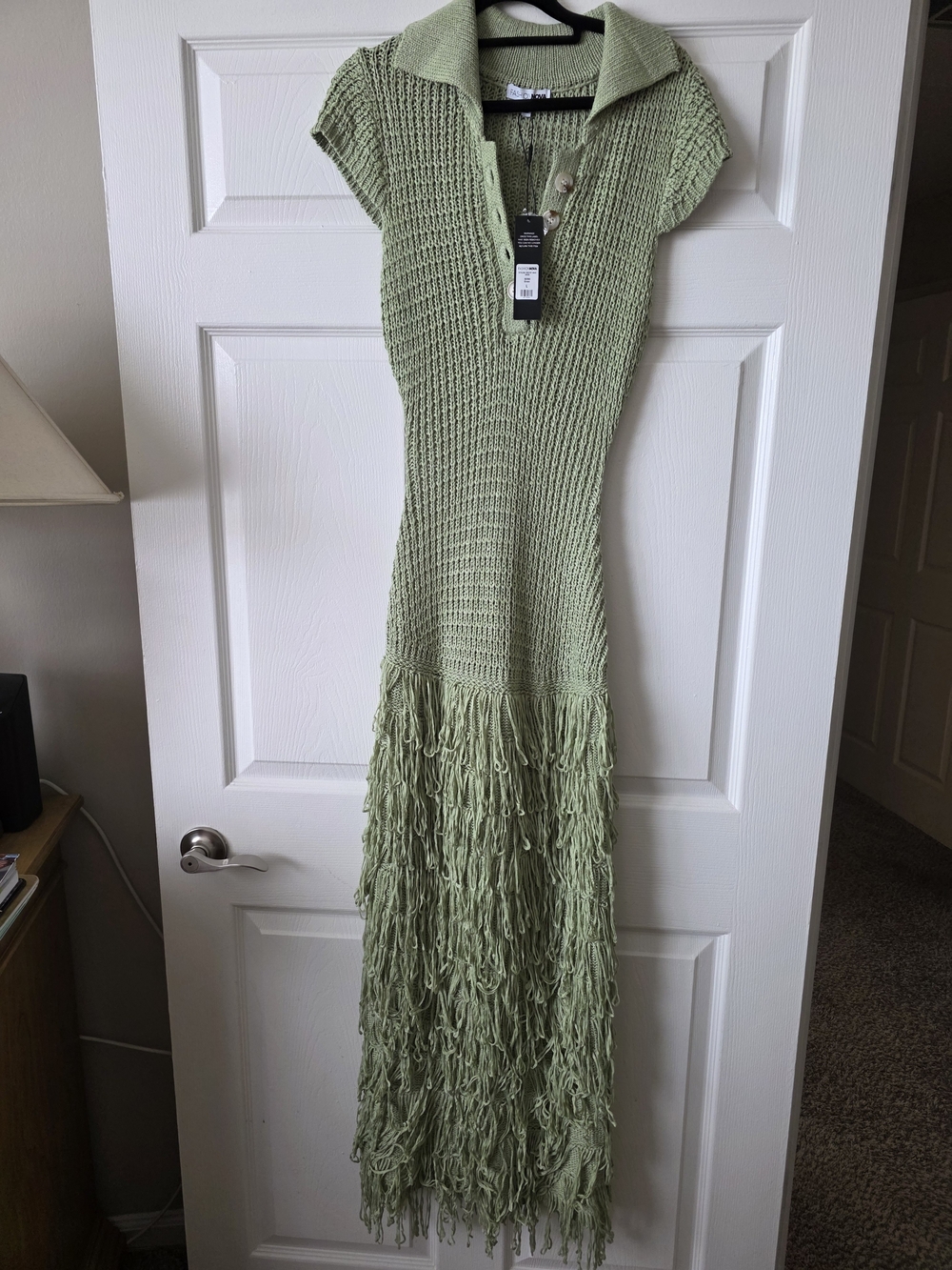 Light Green Knit Fringe Maxi Dress with Polo Collar - Picture 2 of 8